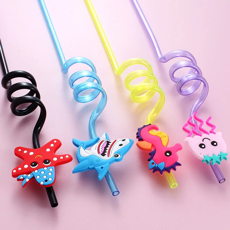 Set of 12 Reusable Spiral Straws with Adorable Marine Animal Caps - Perfect