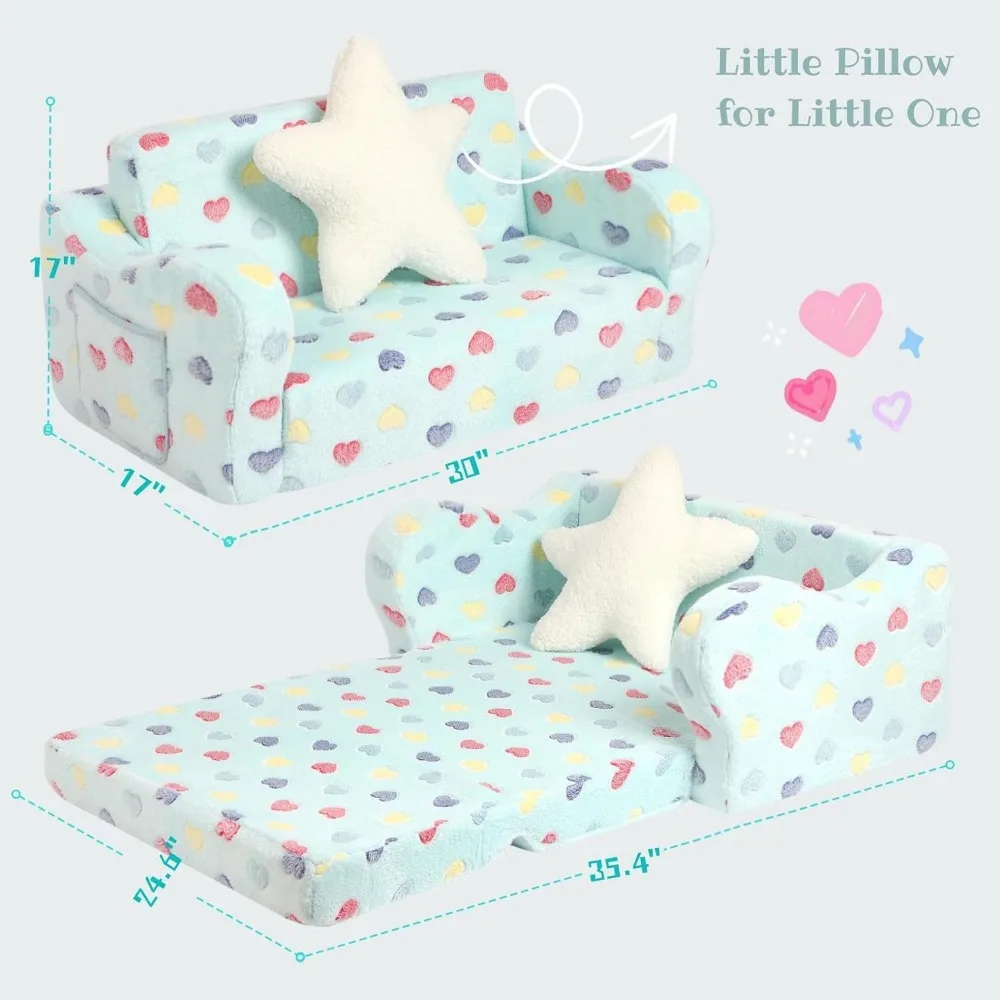 2-in-1 Soft Couch Fold Out with Star Pillow, Convertible Sofa to Lounger for Girls and Boys, Children's Sofas 3