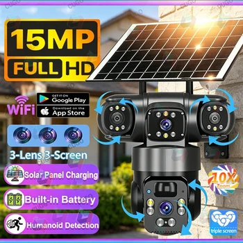 15MP IP Wifi Camera Wireless Solar Camera PTZ 3 Lens Outdoor Waterproof 10X Zoom Night Vision PIR Human Detect Security Camera 1