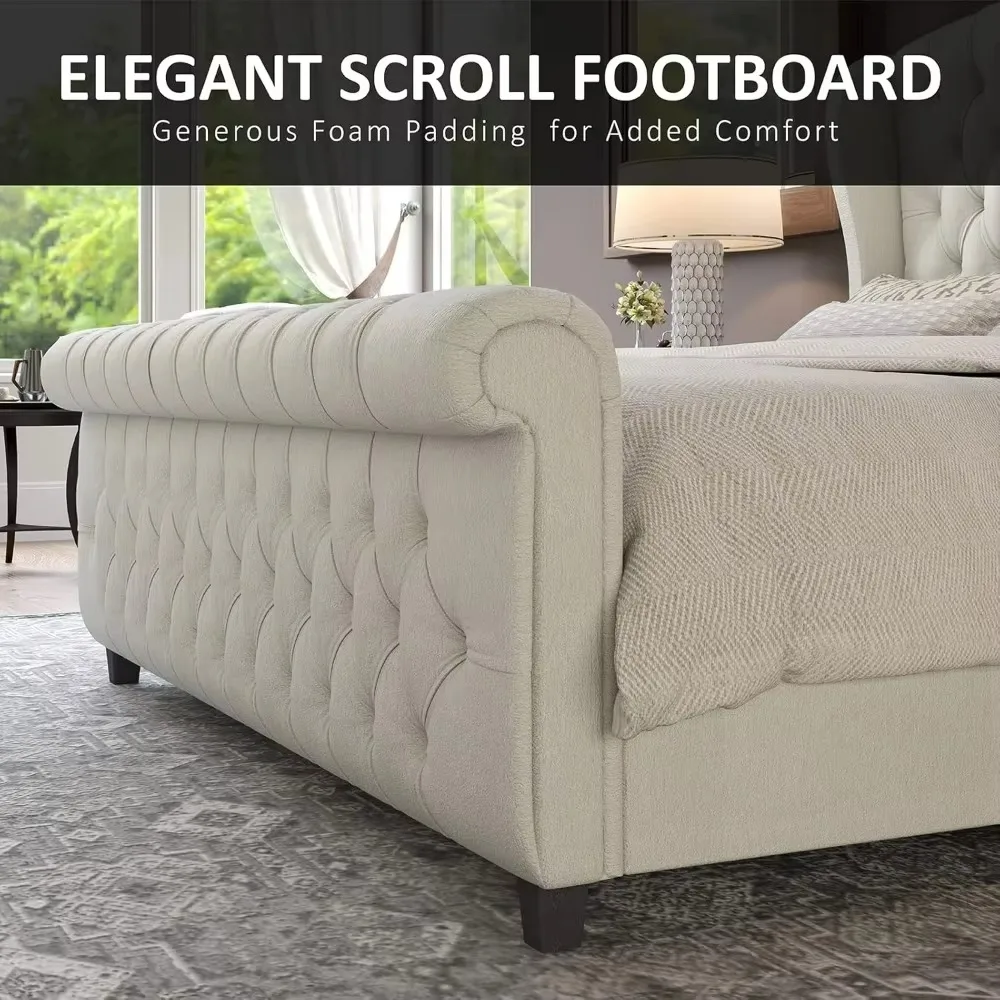 Queen Size Platform Bed Frame, Chenille Upholstered Sleigh Bed with Scroll Wingback Headboard  Footboard/Button Tufted,Bed Frame 4