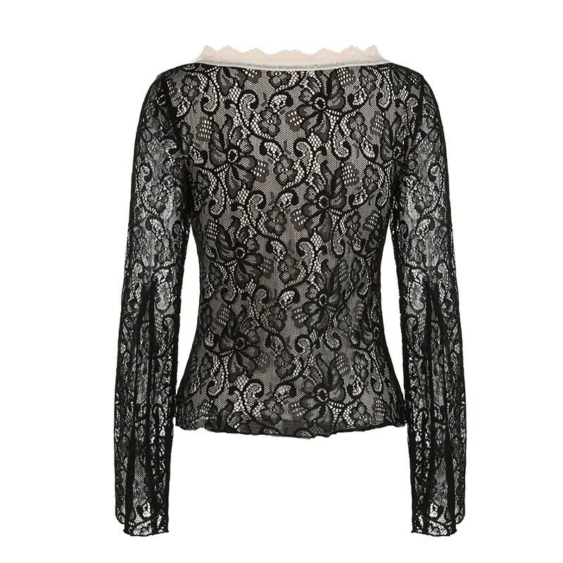 Elegant Lace V-neck Top Vintage Aesthetic Classic Style Long Sleeve Lace-up T-shirt Grunge Chic Sexy Tee Streetwear