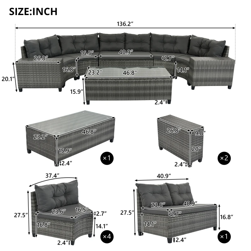 8-pieces Outdoor Wicker Round Sofa Set,Curved Sofa Set With Rectangular Coffee Table, Movable Cushion, Gray