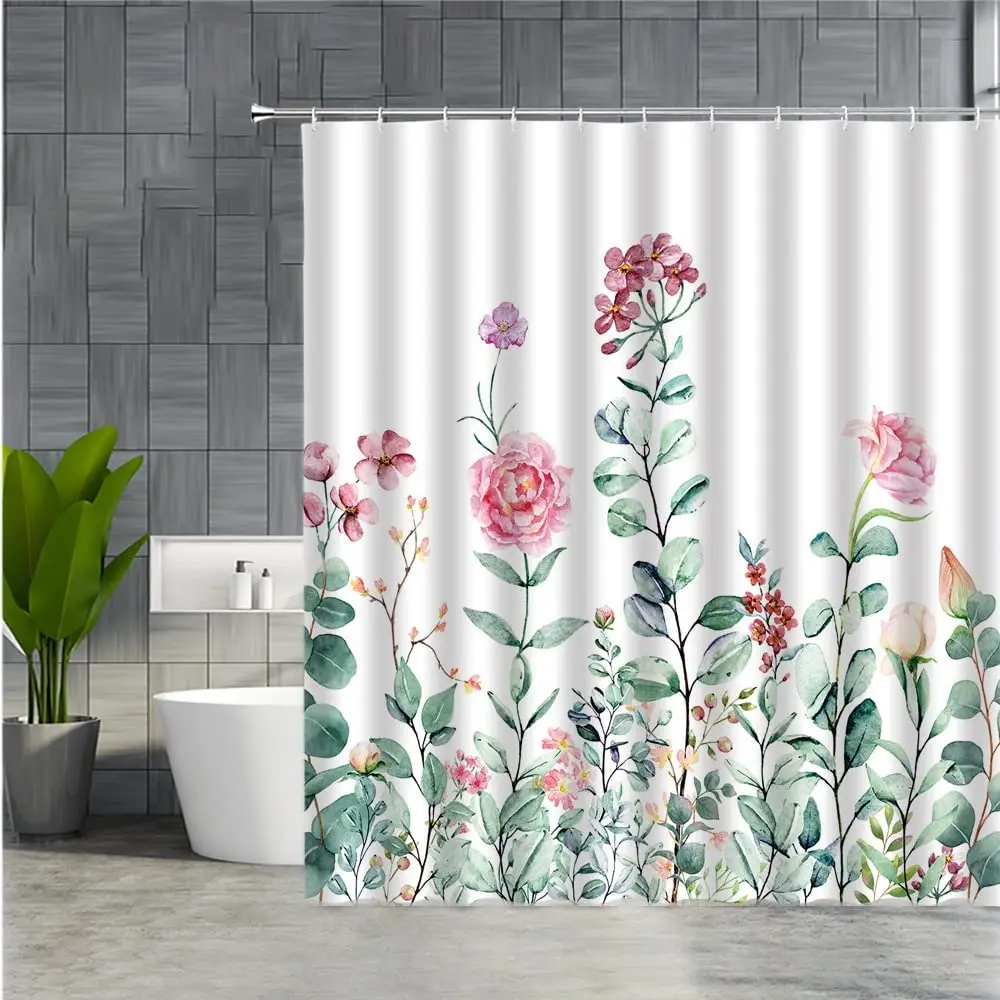 Floral Shower Curtain Bathroom Watercolor Red Rose Wildflower Green