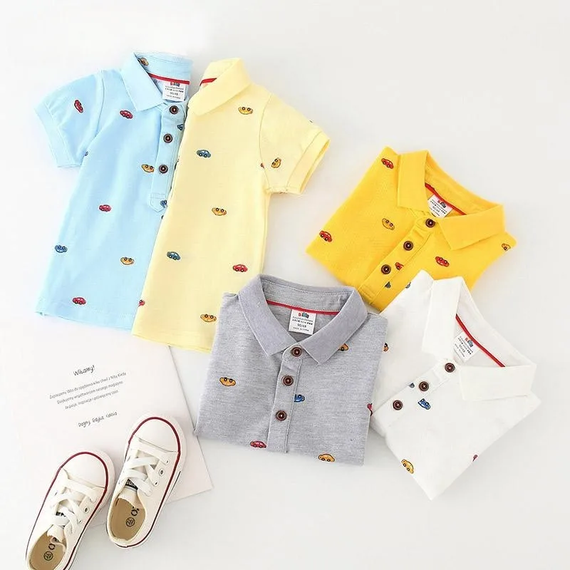 2024 Summer 3 4 5 6 8 10 Years Children Candy Color Turn Down Collar Cartoon Character Car Short Sleeve Cotton Kids Boy T-Shirt