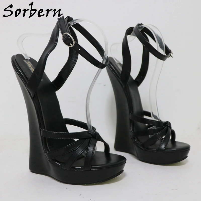 Sorbern Black Matt Slingback Women Sandals Narrow Back Wedge High Heels Thin Straps Unisex Fetish Shoe Sissy Boy Color