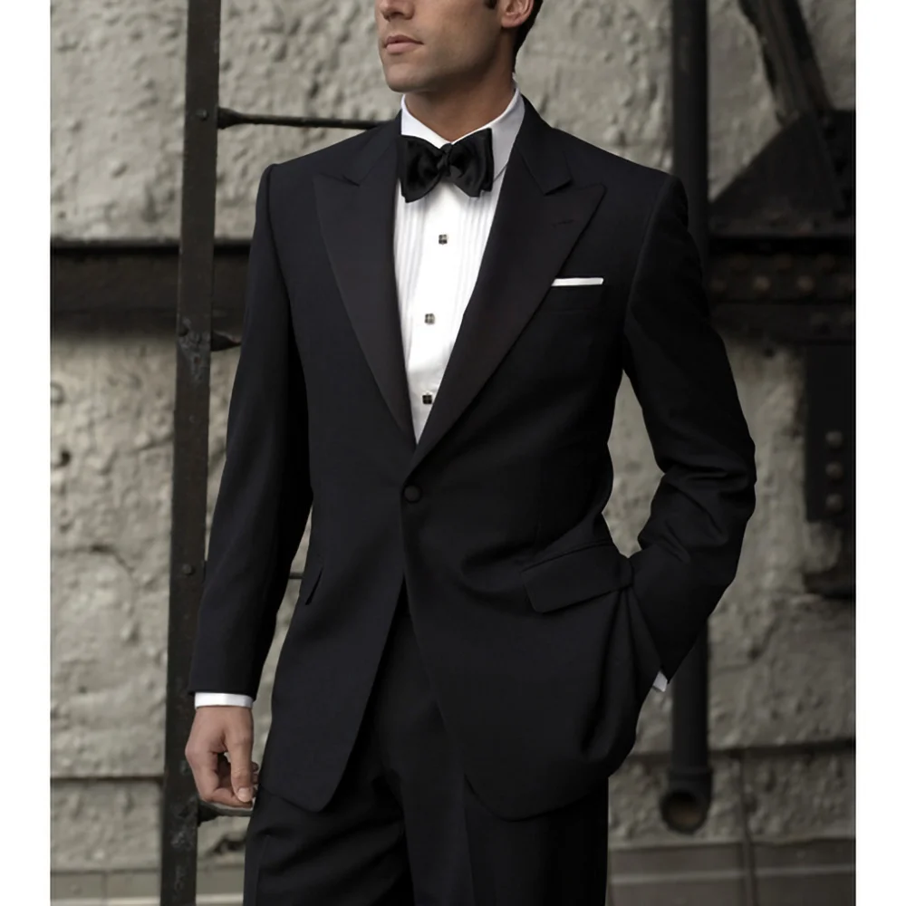 Black Men Suits 2 Piece Solid Color Chic Peak Lapel One Button Wedding Tuxedo Formal Party Prom Male Suit Slim (Blazer+Pants) 2