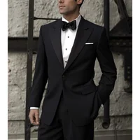 Black Men Suits 2 Piece Solid Color Chic Peak Lapel One Button Wedding Tuxedo Formal Party Prom Male Suit Slim (Blazer+Pants) 2