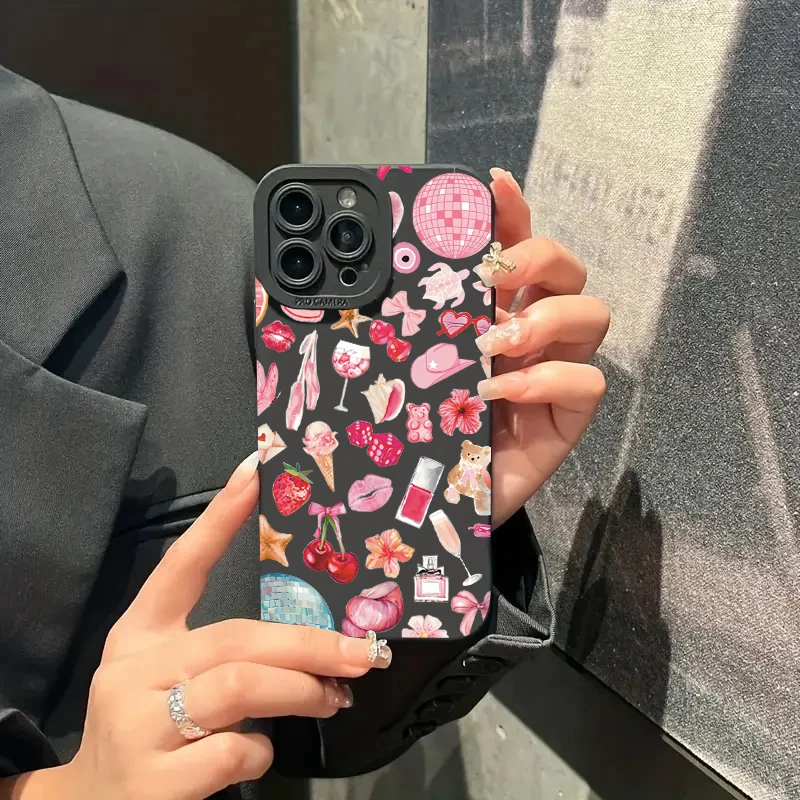 Sparkly Crystal Ball Pink Bow Cherry Pattern Phone Case Cover