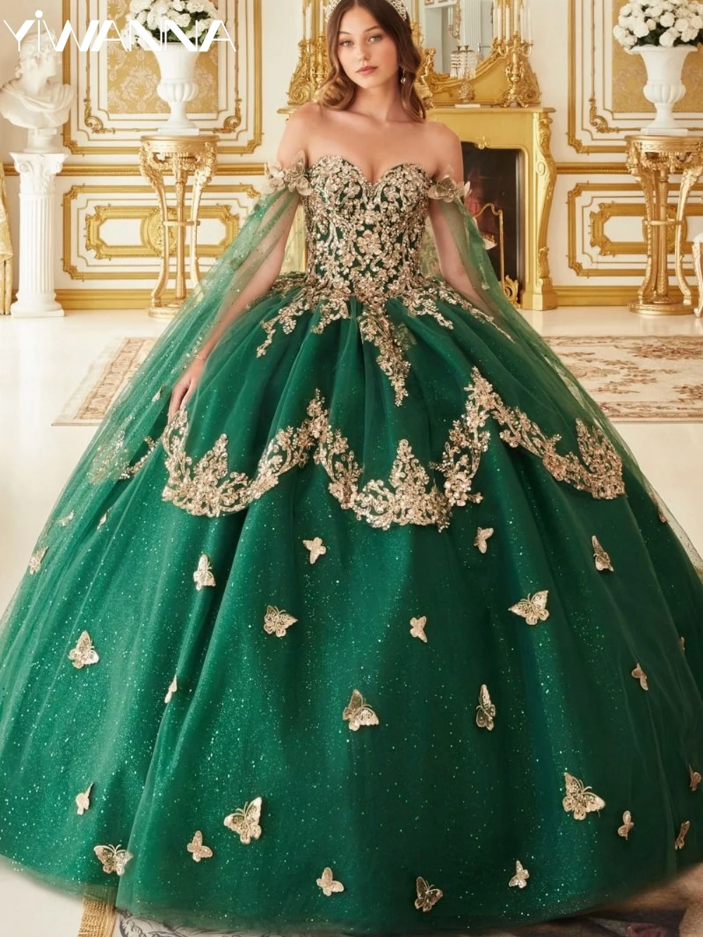 Golden Sequins Butterfly Appliques Quinceanrra Prom Dresses Green Charming Princess Long Glitter Sweet 16 Dress Vestidos