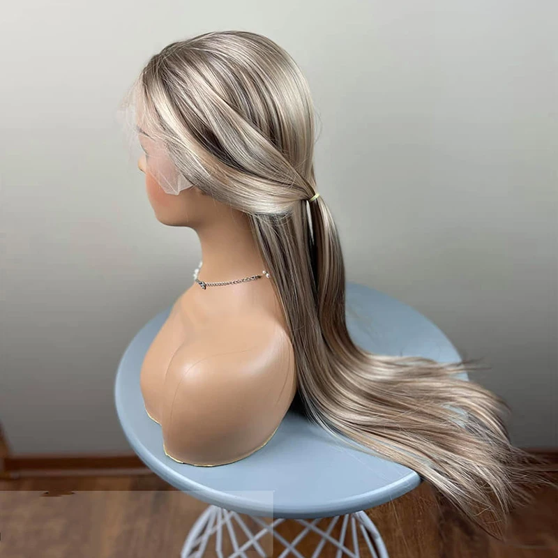 Balayage Ash Blonde Highlights Wigs with Dark Roots Long Straight Lace Front Wig Synthetic Blended Hair Glueless Wigs For Women