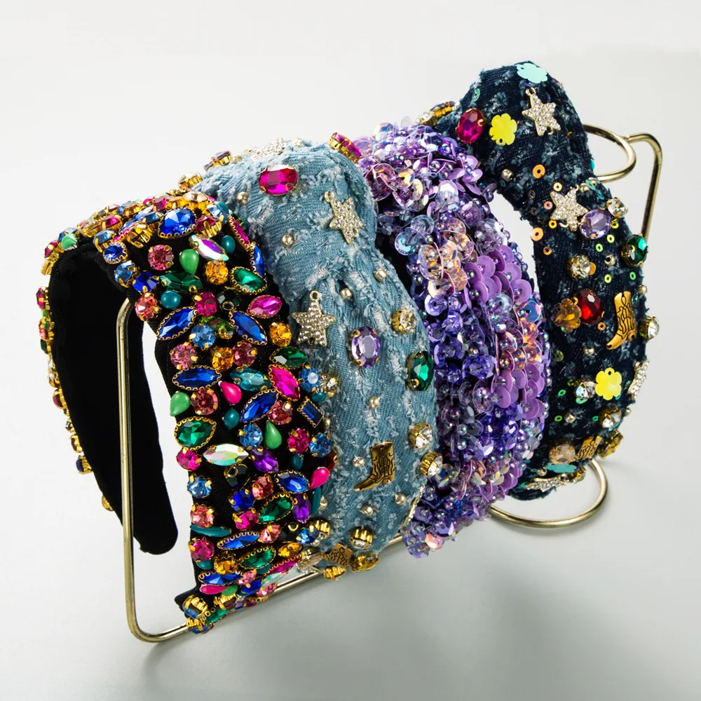 New Baroque Heavy Industry Wide-Edge Rhinestone Headband Women's Full Diamond Knotted Fashion Dance Catwalk Hair Accessories kids girls ballet dance storage backpack latin ballet bag lace edge letter print dance duffel bag ballerina school backpack