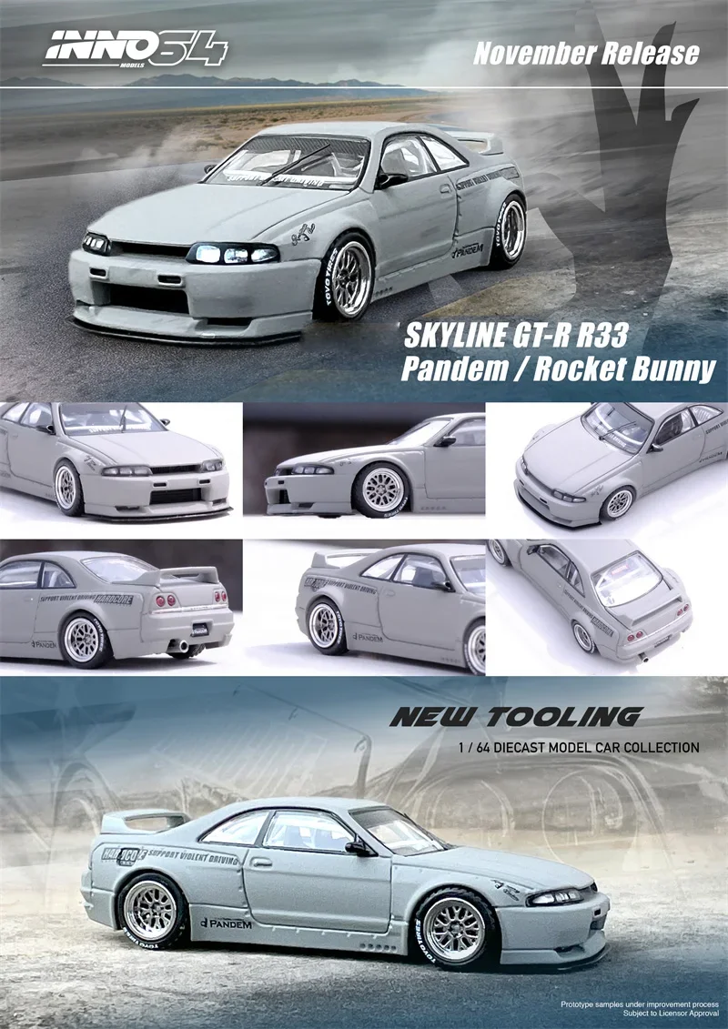 

INNO 1:64 SKYLINE GT-R (R33) Pandem Rocket Bunny серая литая модель автомобиля