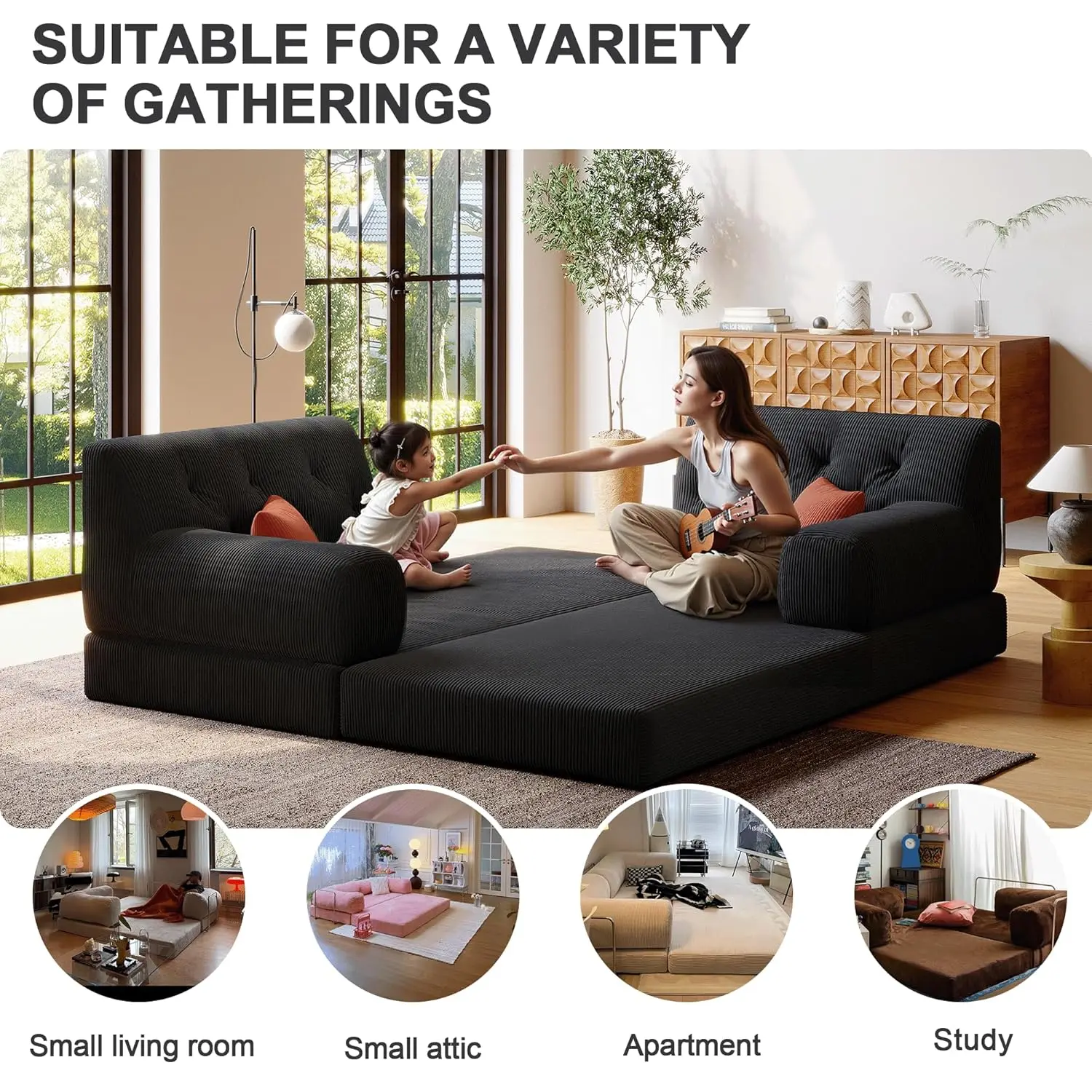 5-in-1 Folding Convertible Sofa Bed, Loveseat Sleeper with Pull-Out Bed, Floor Sofa Modular Futon Couch, 79 5