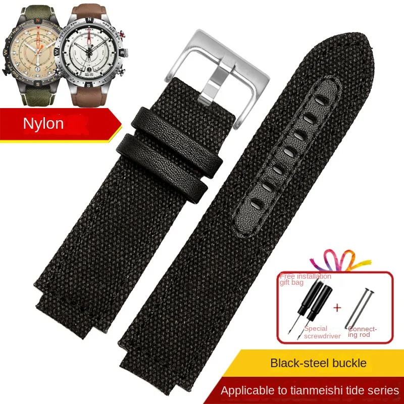 thumbnail image 1 of Correa de reloj deportiva de lona de 24 x 16 mm con base de cuero para TIMEX T2N720 T2N721 TW2R55500 TW2T76500, correa de reloj marrón y verde militar, 1 of 5
