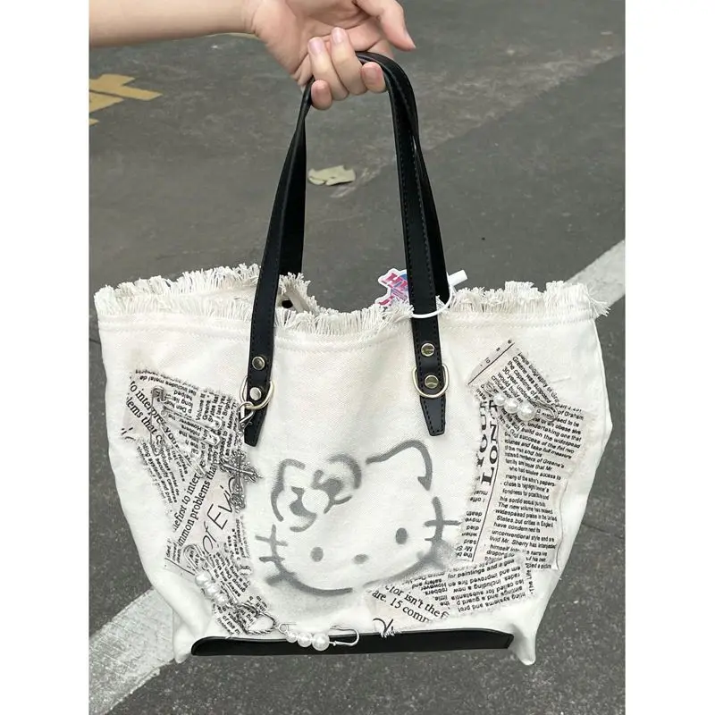 MBTI Y2k Hello Kitty Womens Tote Bag Canvas Patchwork Letter Vintage Large Capacity Shoulder Bag Cute Fashion New Female Handbag