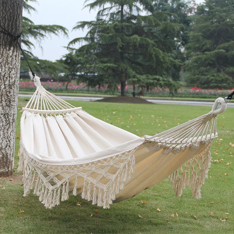 

Double Outdoor Hammock Camping Supplies Leisure Hammock Portable Swing Tassel Bend Stick Camping Hammock Wholesale