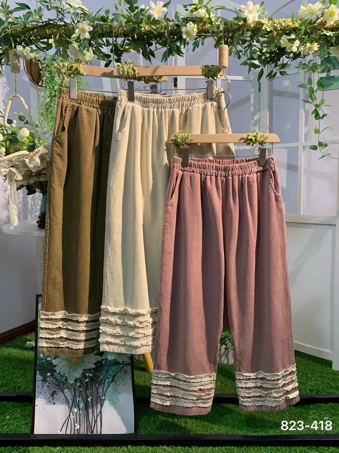 

Autumn Winter New Mori Style Corduroy Pants Loose Elastic Waist Lace Panel Solid Age Reducing Wide Leg Pants