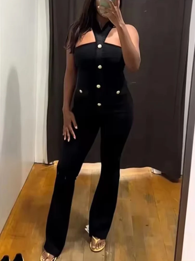 Women 2 Pieces Pants Sets 2025 New Fashion Gold Button Halter Top + Flare Trousers Women's Suit Bodycon Set Woman Outfits
