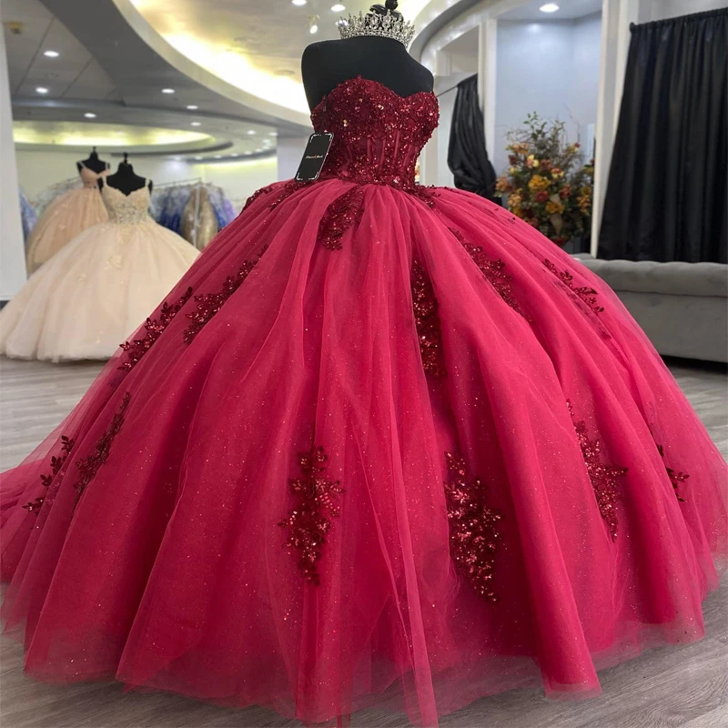 

Red Sweetheart Quinceanera Dresses Beading Party Elegant Off the Shoulder Evening Prom Dress for Women Tulle Applique Lace Ball