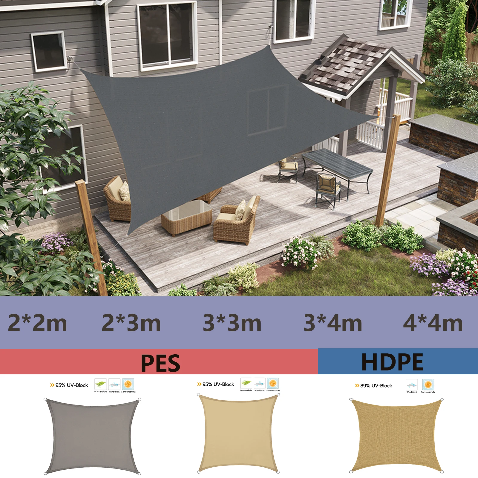 SunshadeSunSailWaterproofAwningShadeSailGardenShelter95UVBlockingSunProtection