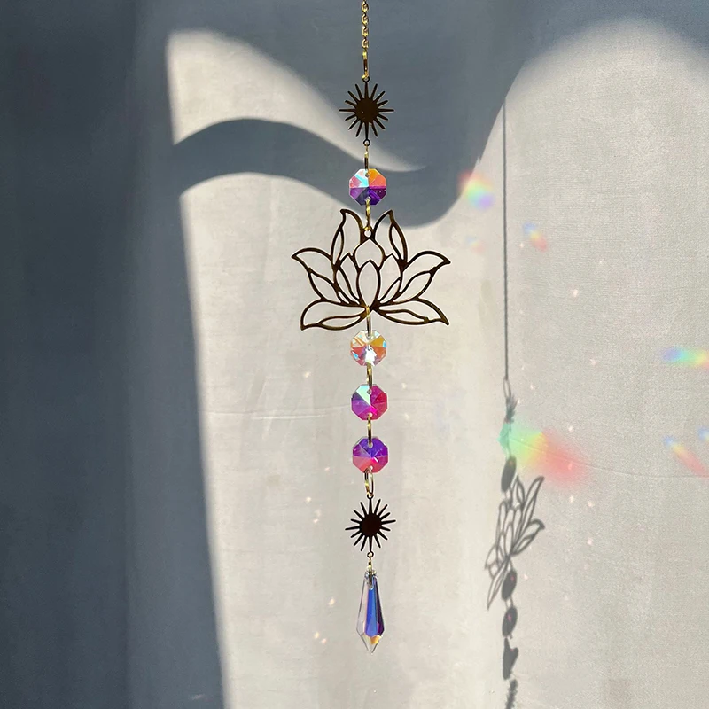 1Pc Suncatcher Gardening Crafts Golden Lotus AB Colorful Water Drop Pendant Crystal Decoration Pendant Home Wedding Garden Crystal Ornament Crystal Light Catcher Crystal Hanging Decoration Window Hanging Suncatcher Crystal Sun Catcher Crystal Wall Hanging Glass Pendant Ornament