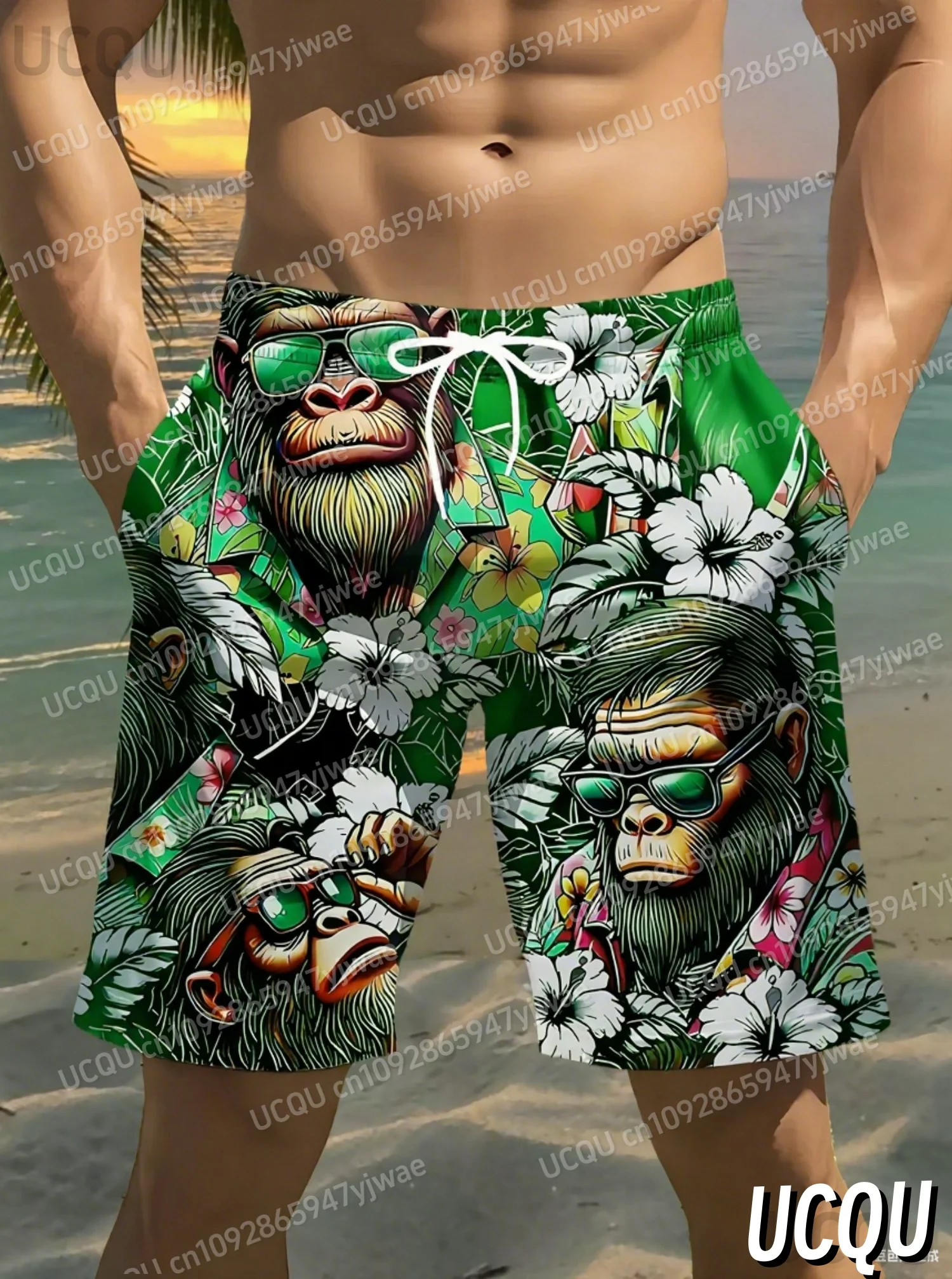 Short de bain d'été pour hommes, imprimé gorille et fleur, maillot de bain avec cordon élastique, séchage rapide, short de plage hawaïen, vêtements pour hommes