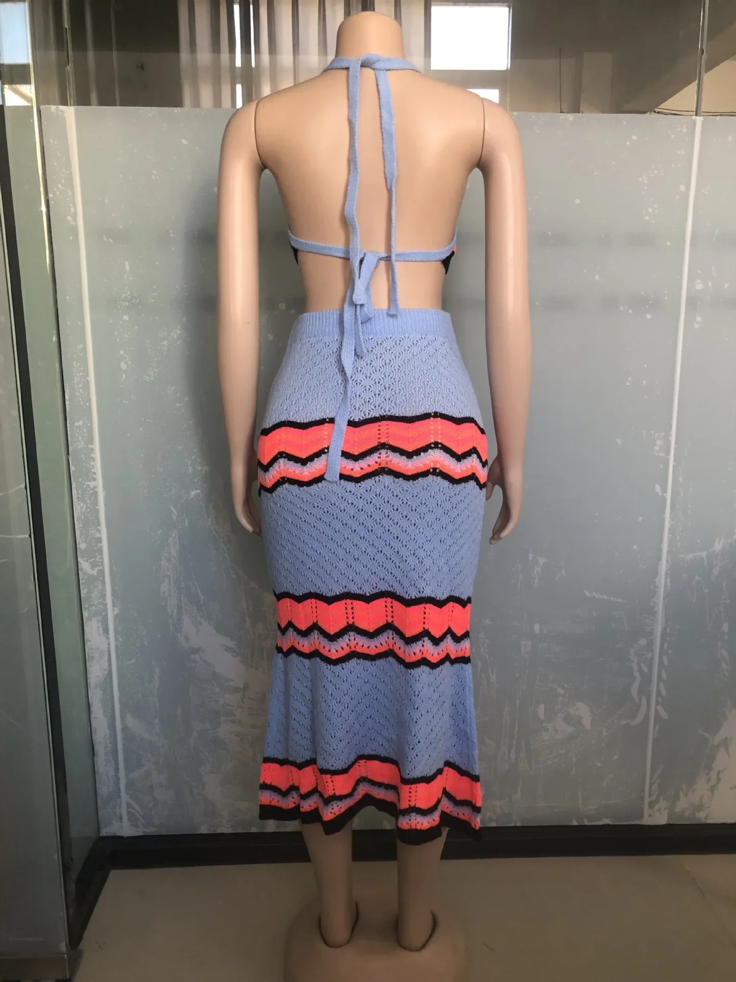 Ribbon Knit Striped Women Halter Crop Top + Midi Skirt Suit 2024 Summer Streetwear Beach Holiday Two 2 Piece Set Outfits