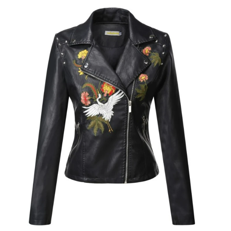 New Autumn Spring Women Short Section Flowers Embroidery Pu Leather Jacket Turn Down Collar Rivet Zipper Biker Coats Tops