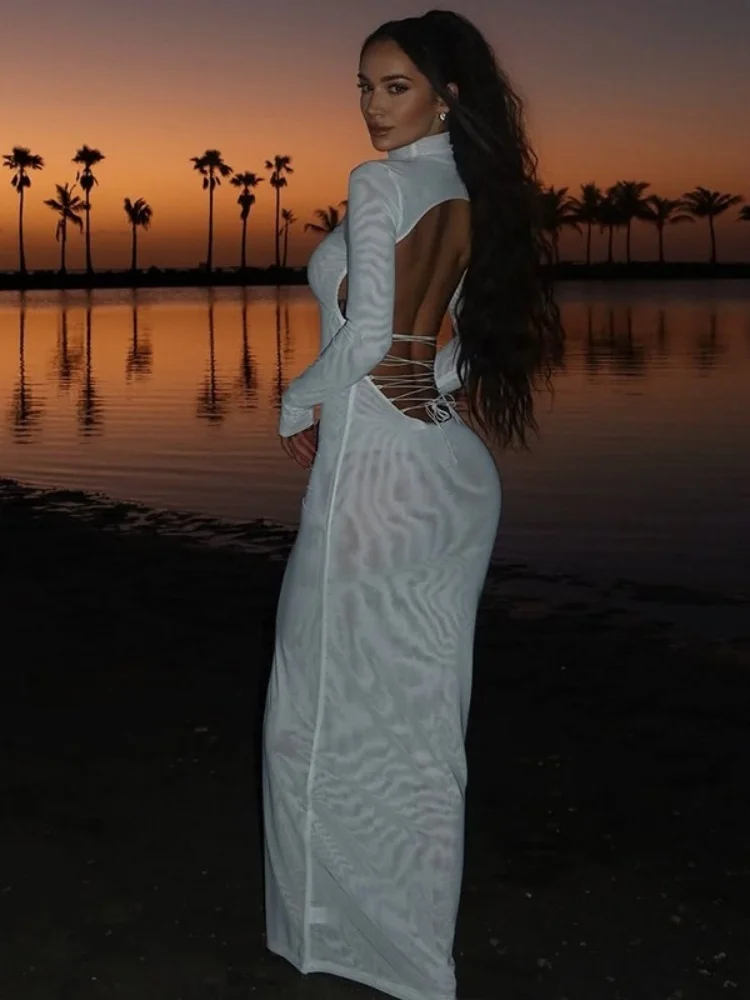 Wmstar Dress Women Wholesale Elegant Sexy Backpack Butt Skirt Stand Up Collar Long Sleeved Solid Color Slender Long Dress 2025