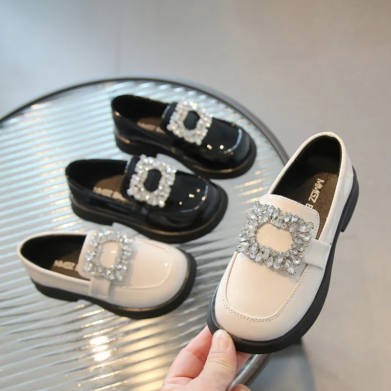 Girls Square Rhinestone Loafers Patent Leather Slip-on Shoes Children British Black Loafers Platform Oxford Shoes Kids Flats