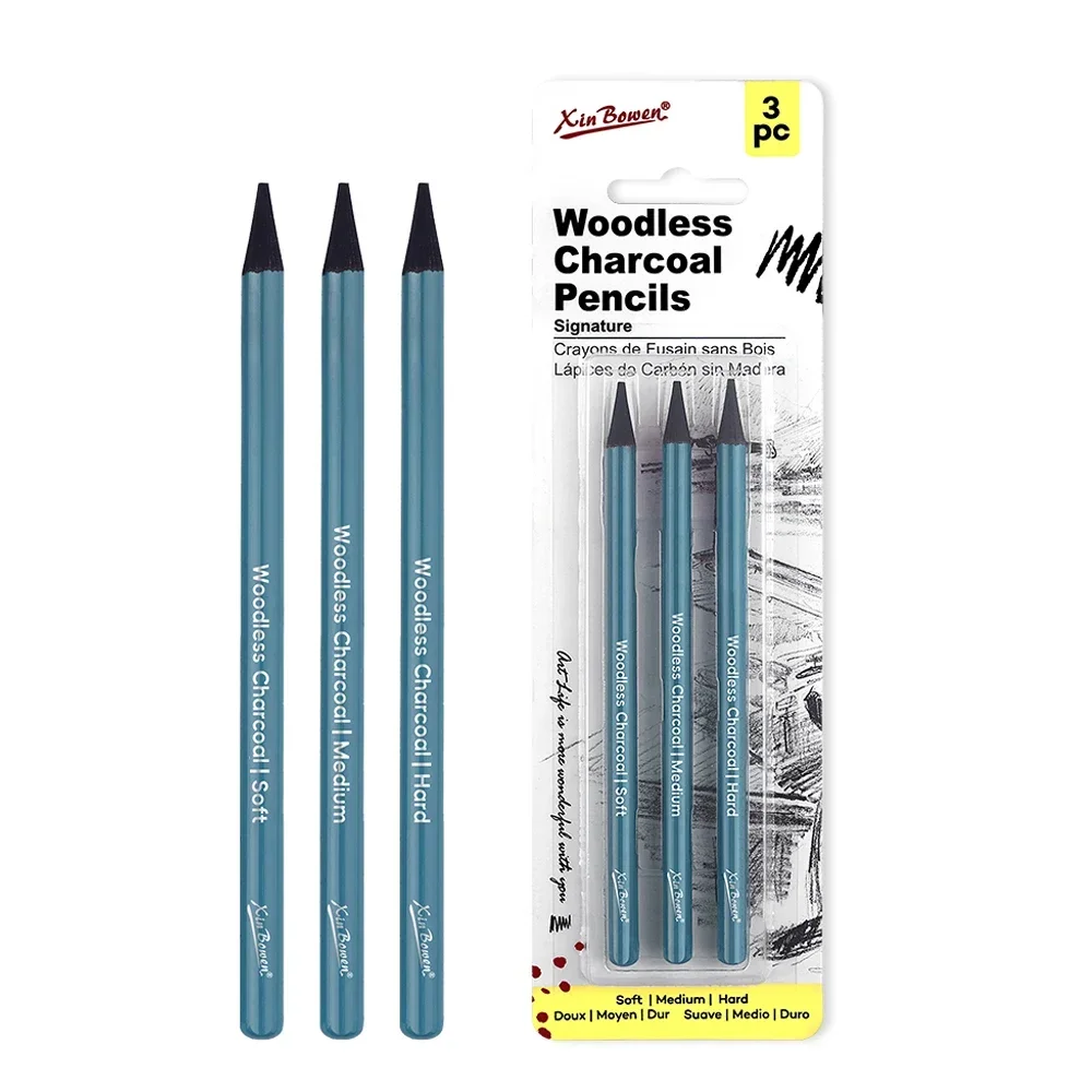 3Pcs Artists Woodless Charcoal Pencil Set,Soft Medium Hard Non-wood Graphite Charcoal Pencil for Drawing Sketching Art Supplies 2