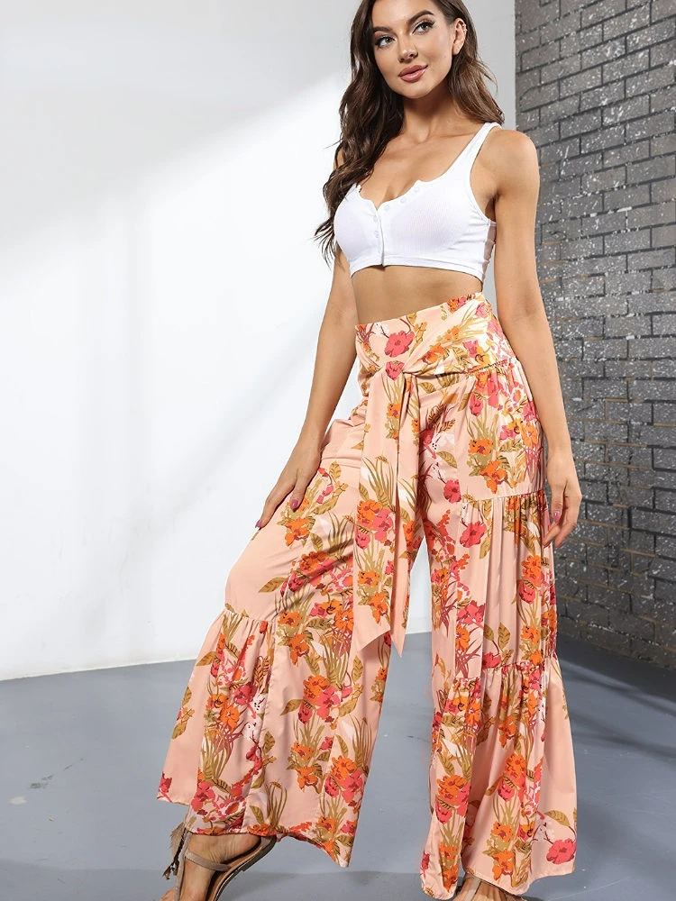 

Women's Pants Wide Leg Pants Casual Loose Plant&Flowers Printing High Waiste Pleated Floor Length Trousers Summer Women Clothing