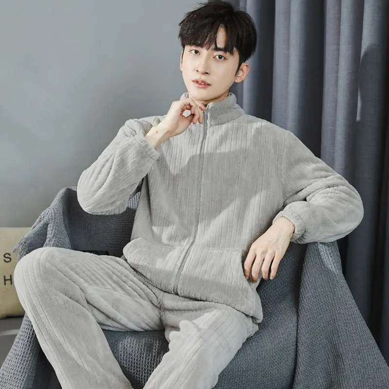 2024 New Men's Pajamas Outside Wear Coral Velvet Homewear Autumn Winter Zippers Sleepwear Handsome Flannel Home Clothing Set 2021 family matching outfits autumn and winter new suit christmas letter printing home wear pajamas parent child wear clothing