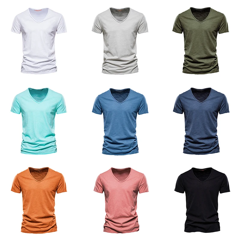 10-Colors-100-Cotton-Men-T-shirt-V-neck-Fashion-Design-Slim-Fit-Soild-T ...