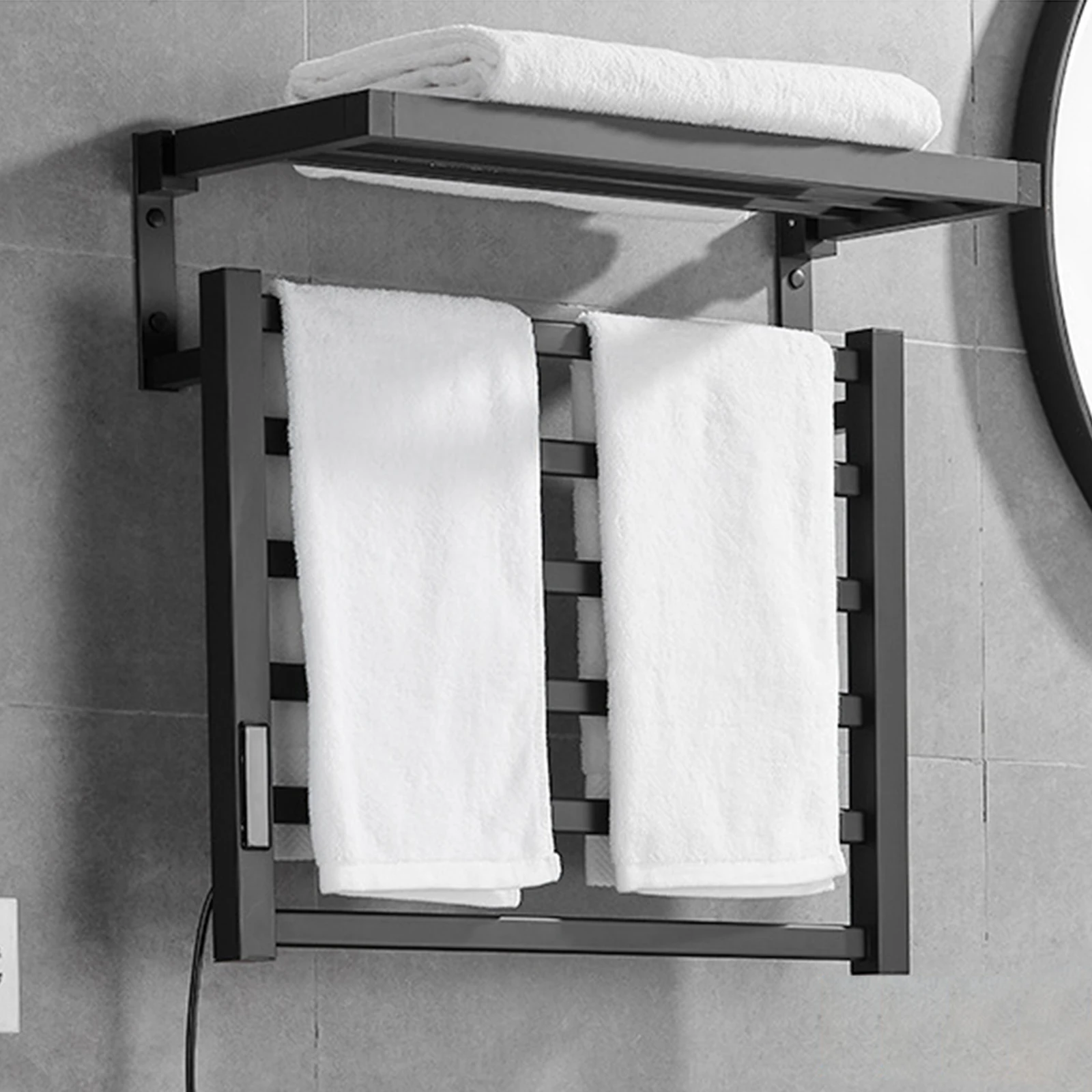 ราวแขวนผ้าเช็ดตัวแบบไฟฟ้าพร้อมระบบควบคุมอุณหภูมิ จอแสดงผล LCD แบบพับได้ ชั้นวางเก็บของพร้อมระบบทำความร้อน ระบบสัมผัสสำหรับแขวนเสื้อคลุมอาบน้ำ 1