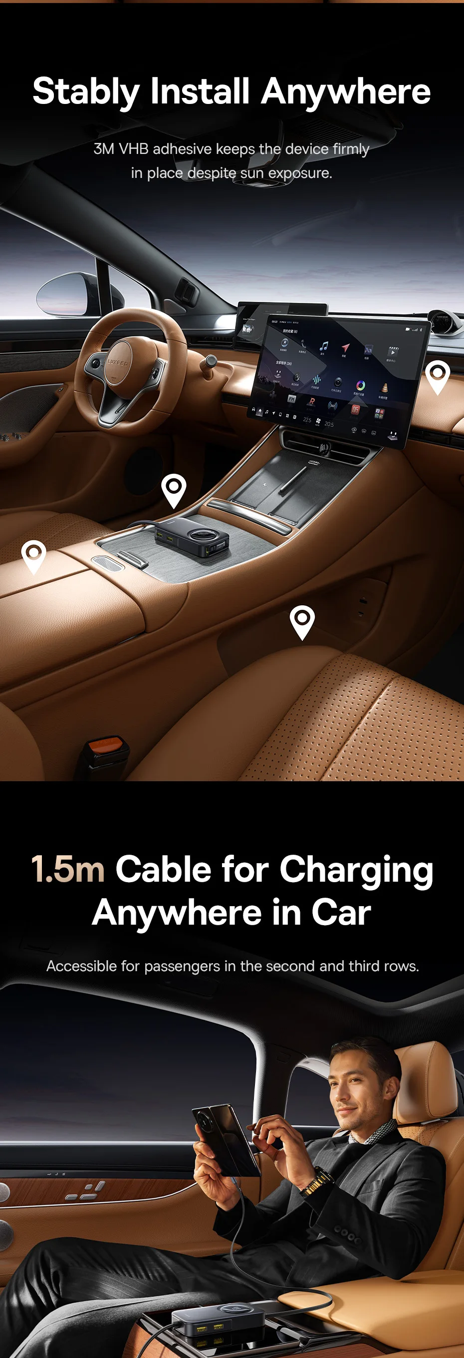 60W Car Charger Retractable Fast Charging Rear Seat 6 Ports Extension Cigarette