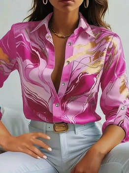 Women’s V-Neck Printed Long Sleeve Shirt – Loose Casual Blouse