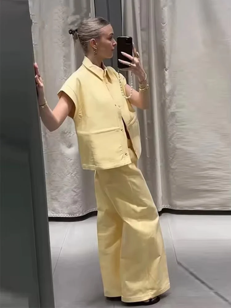 Street Fashion Vest Pants Sets Women Two Piece Lapel Short Sleeve Waistcoat Wide Leg Trousers 2025 Summer Casual Outfits