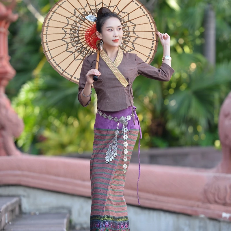 

Thailand Vintage Clothing Cotton Linen Blouse Long Skirt Dai Thai Sauna Spa Uniforms Women Beauty Salon Thai Massage Uniform