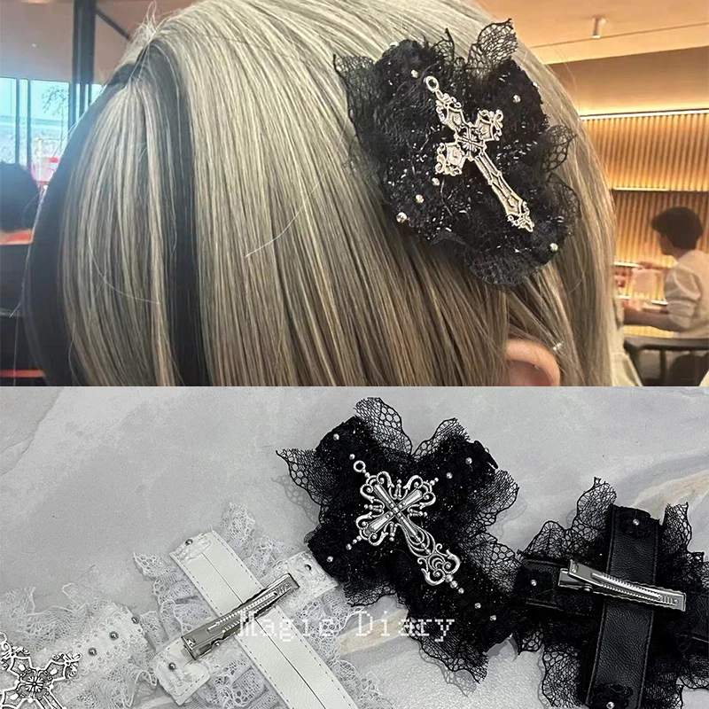 레트로 하위 문화 다크 크로스 레이스 머리핀 Y2K 시부야 스위트 쿨 스파이스 걸 코스프레 펑크 고딕 모자 - AliExpress