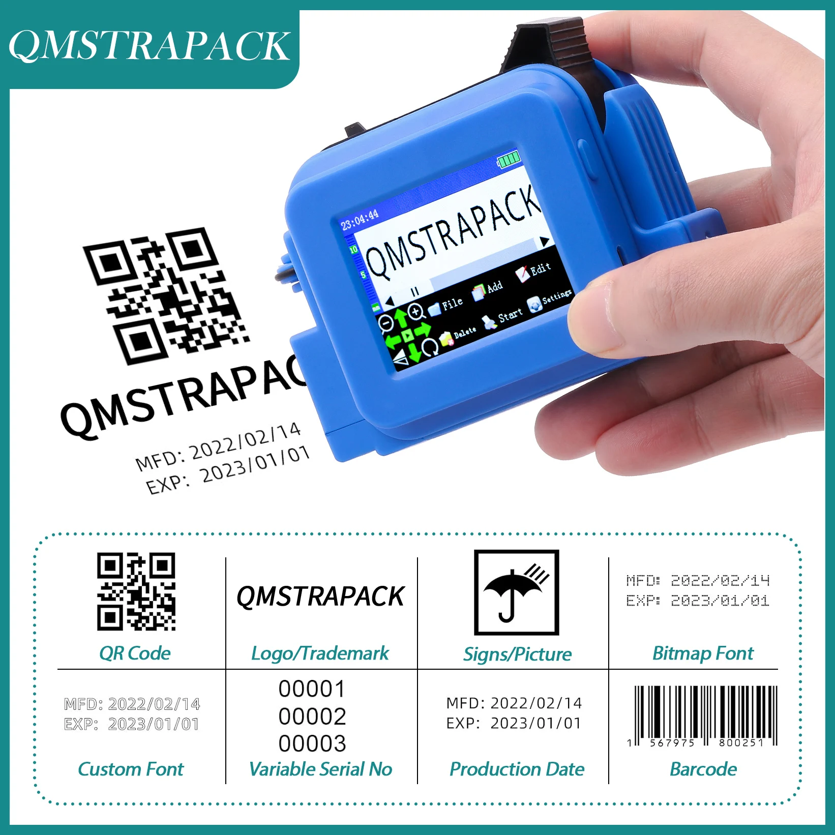 Mini Handheld Inkjet Printer 12.7mm with Fast-Drying Ink for Text QR Barcode Batch Number Logo Date Label Printer Non-encrypted