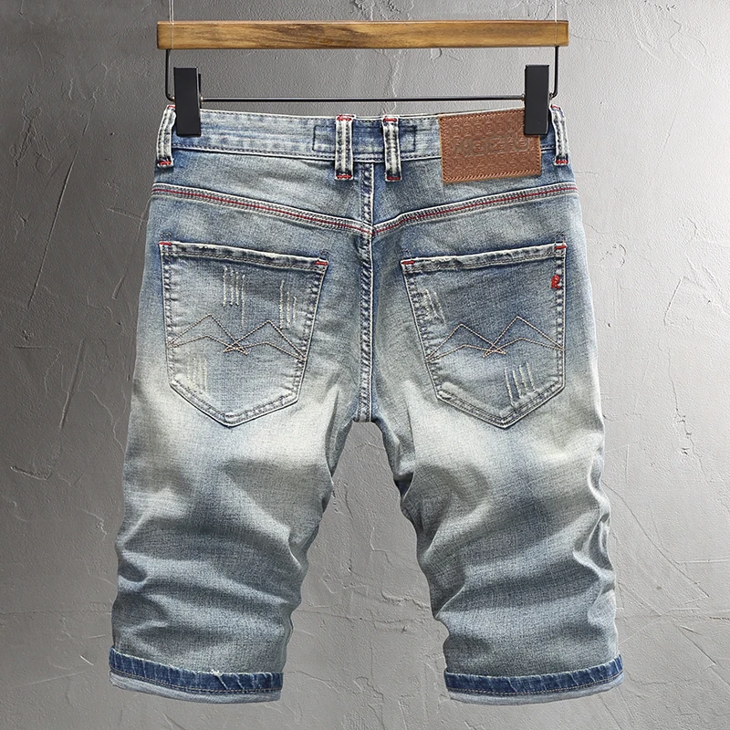Summer Fashion Men Jeans Embroidery Designer Retro Elastic Slim Fit Ripped Short Jeans Men Vintage Casual Denim Shorts Men