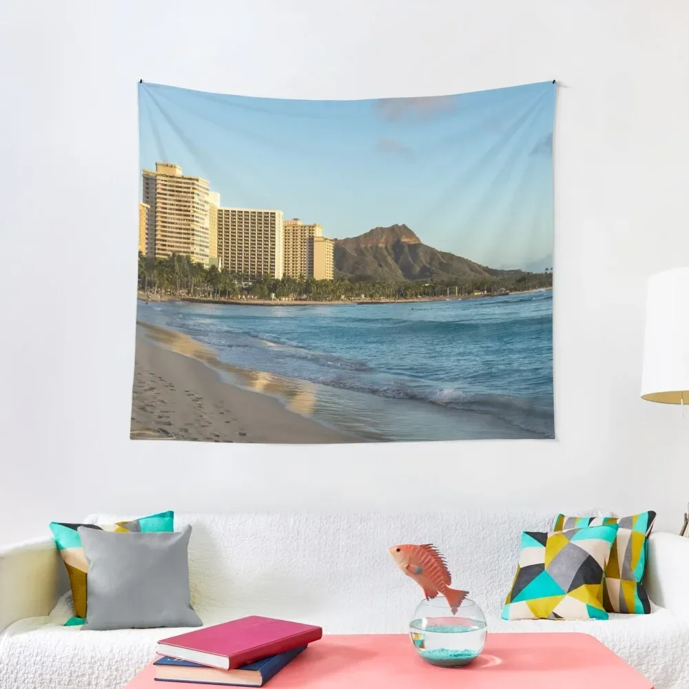 

Golden Bliss on the Beach - Waikiki and Diamond Head Volcano Tapestry Decoration For Bedroom Tapestry