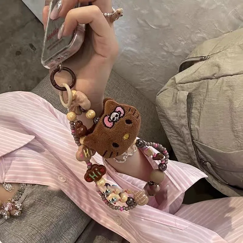 헬로 키티 산리오 귀여운 애니메이션 봉제 고양이 구슬 휴대폰 체인, 귀여운 휴대폰 로프 랜야드, 크리에이티브 펜던트, 어린이 장난감