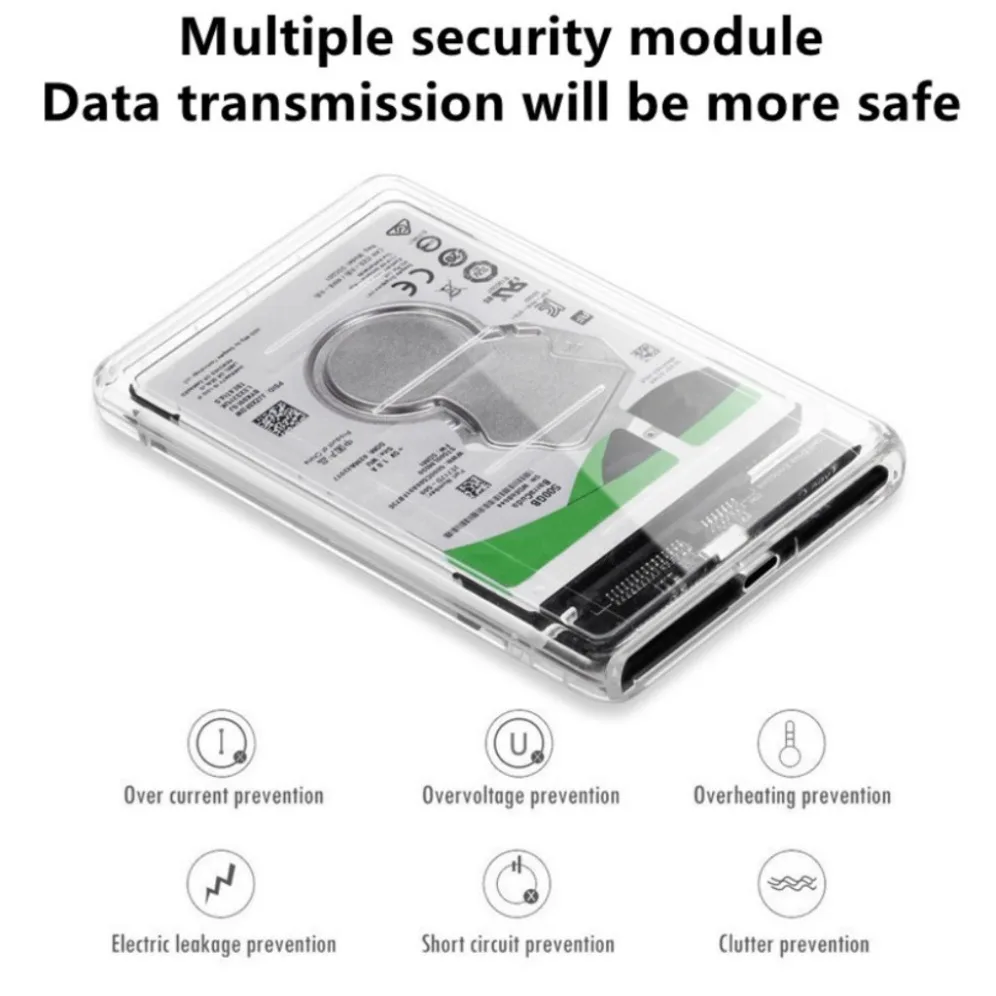 USB Type C 2.5 Inch SATA SSD External Hard Drive Case USB to Micro B/Type-C Transparent Hard Disk Case Tool-Free Support 5Gbps