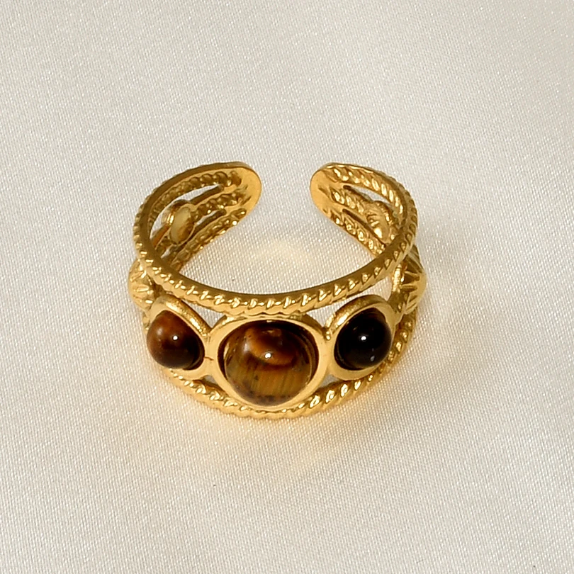 1pcs Classic Tiger Eye Real Stone Open Adjustable Stainless Steel Rings For Women Men Accessories Gold Color Finger Jewelry Ring 3