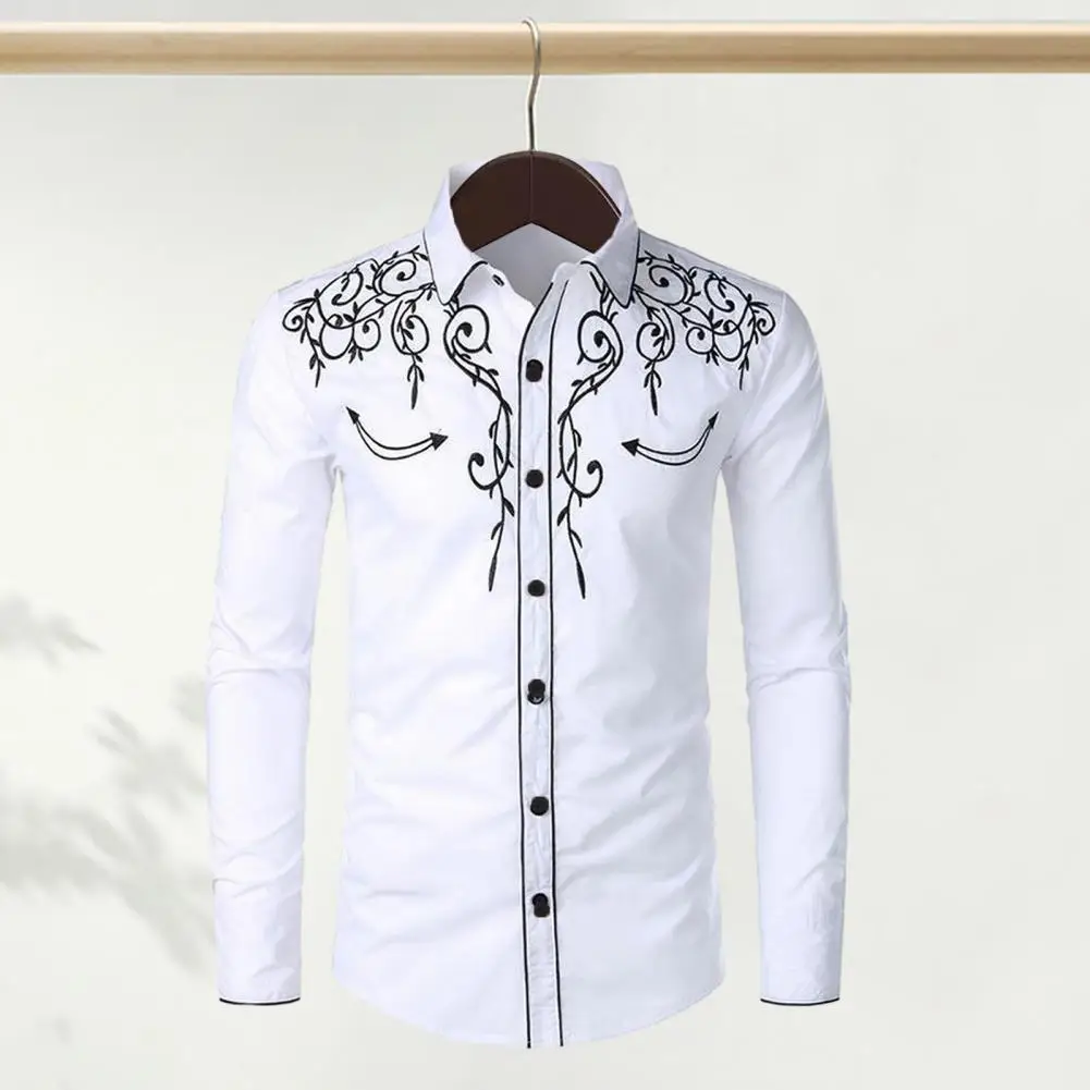 Shirt Top Embroidered Western Cowboy Shirt with Slim Fit Lapel Collar Men's Casual Long Sleeve Top for Stylish Outfits
