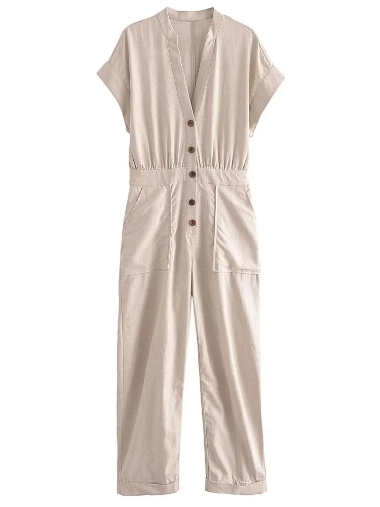 

Zach AiIsa's new women's fashion all-match V-neck short-sleeved button-down high-waist linen blended straight-leg long jumpsuit