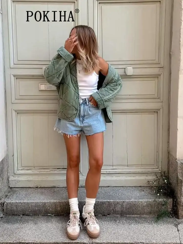 

Pokiha модная женская Утепленная зимняя стеганая куртка на пуговицах спереди, винтажная женская верхняя одежда с длинным рукавом и карманами, шикарные топы