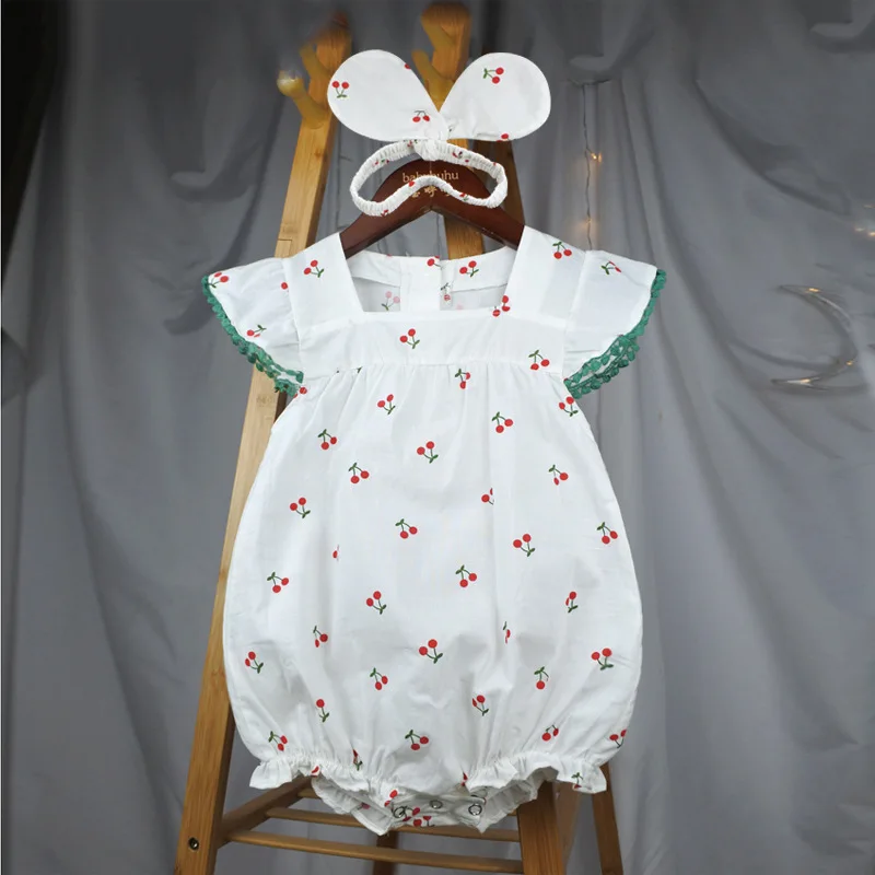 

0-3 Years Cotton Weaved Cherry Pattern Summer Sweet Girl Bodysuit,Baby Cool Clothes Rompers Short Sleeve Jumpsuit with Hair Band